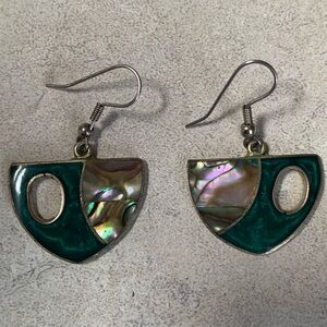 Vtg Alpaca Silver Large Dangle Earrings Signed ALPACA Mexico Abalone Enamel